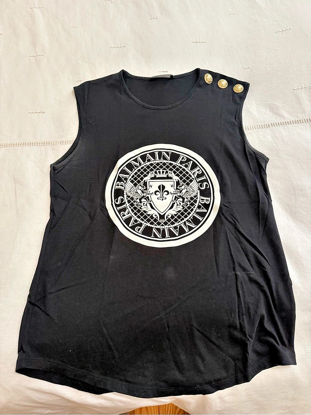 Balmain Logo-Print Cotton Tank Top with Gold Buttons Black Small